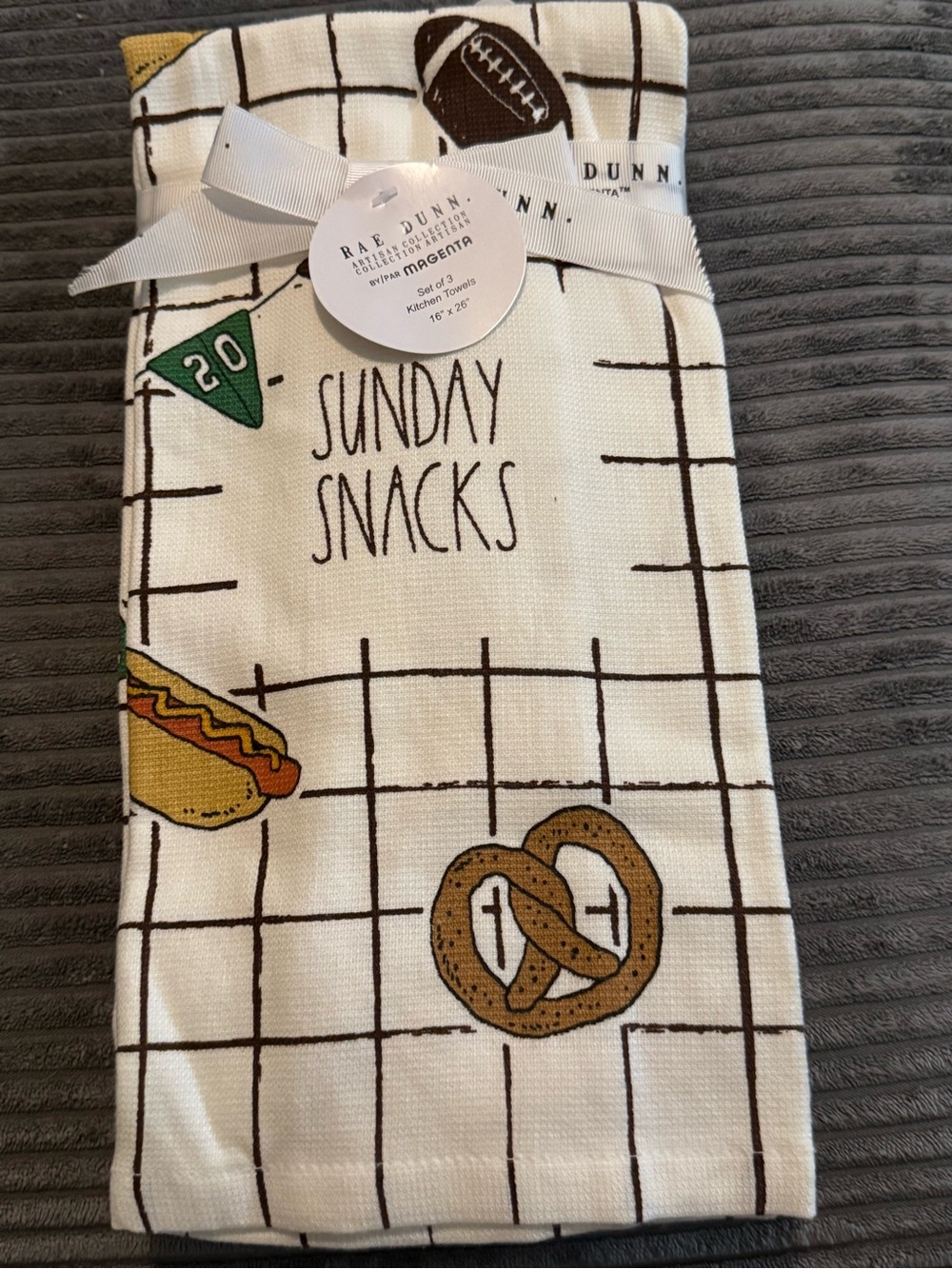 Rae Dunn White 'Sunday Snacks' Kitchen Towel Set of 3- Football 🏈 Themed- NWT